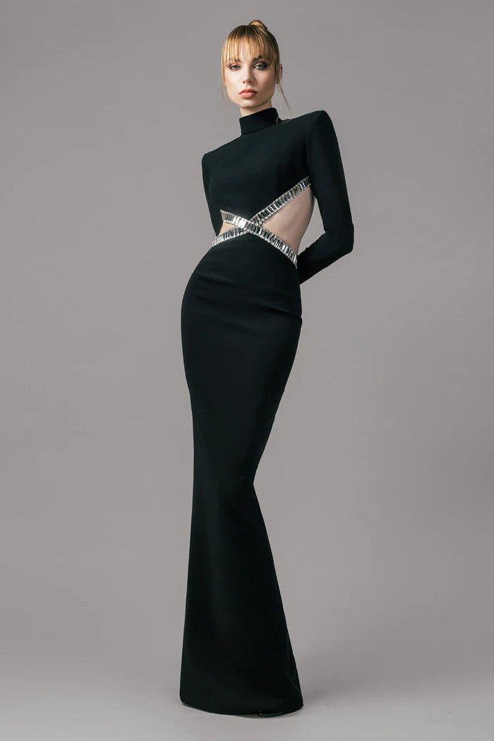 Flowering Girl Women baguette crystals side cutouts embroidered Black crêpe maxi dress