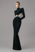 Flowering Girl Women baguette crystals side cutouts embroidered Black crêpe maxi dress