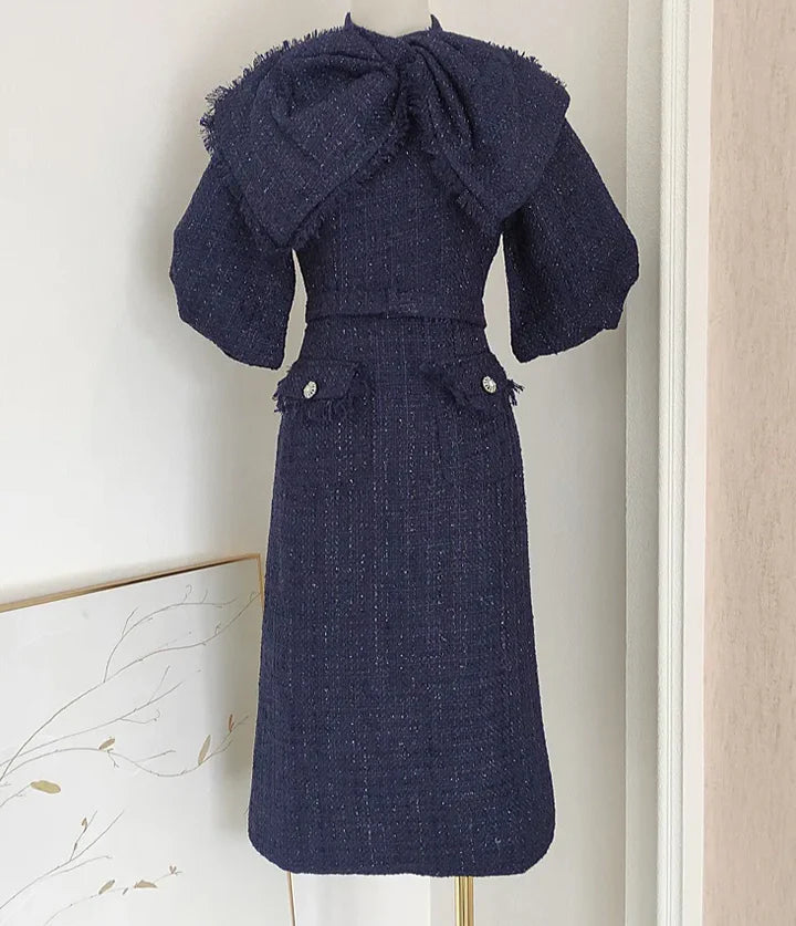 Mildred Tweed Bow Collar Midi Dress In Dark Blue