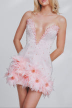 Flowering Girl Women Tube Top Deep V-Neck Pearl Bodycon Mini Dress In Pink