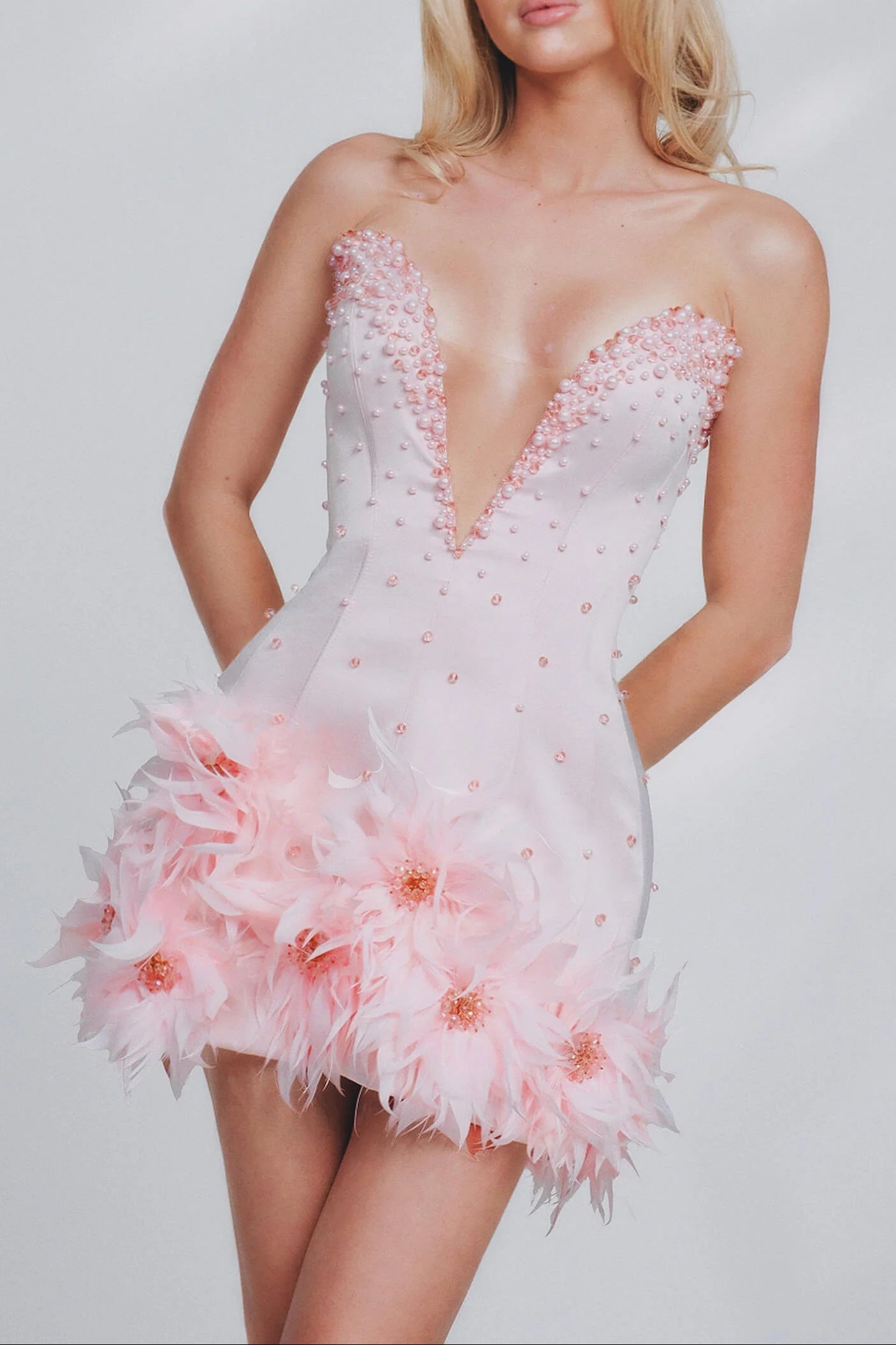 Flowering Girl Women Tube Top Deep V-Neck Pearl Bodycon Mini Dress In Pink
