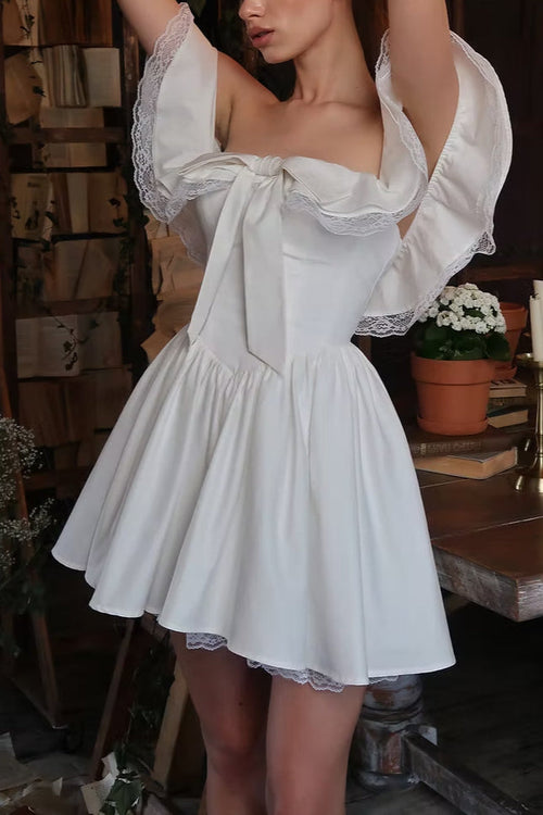 Flowering Girl Women Alison Off-Shoulder Bow Lace Mini Dress In White