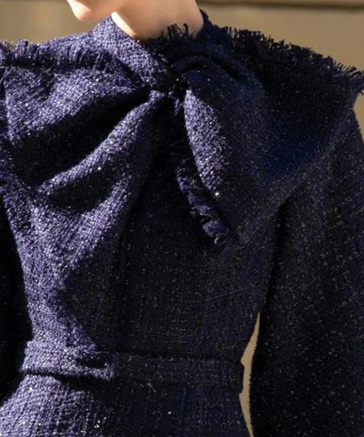 Mildred Tweed Bow Collar Midi Dress In Dark Blue
