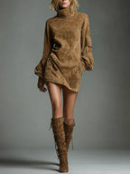Flowering Girl Women Loose turtleneck mini dress made of suede