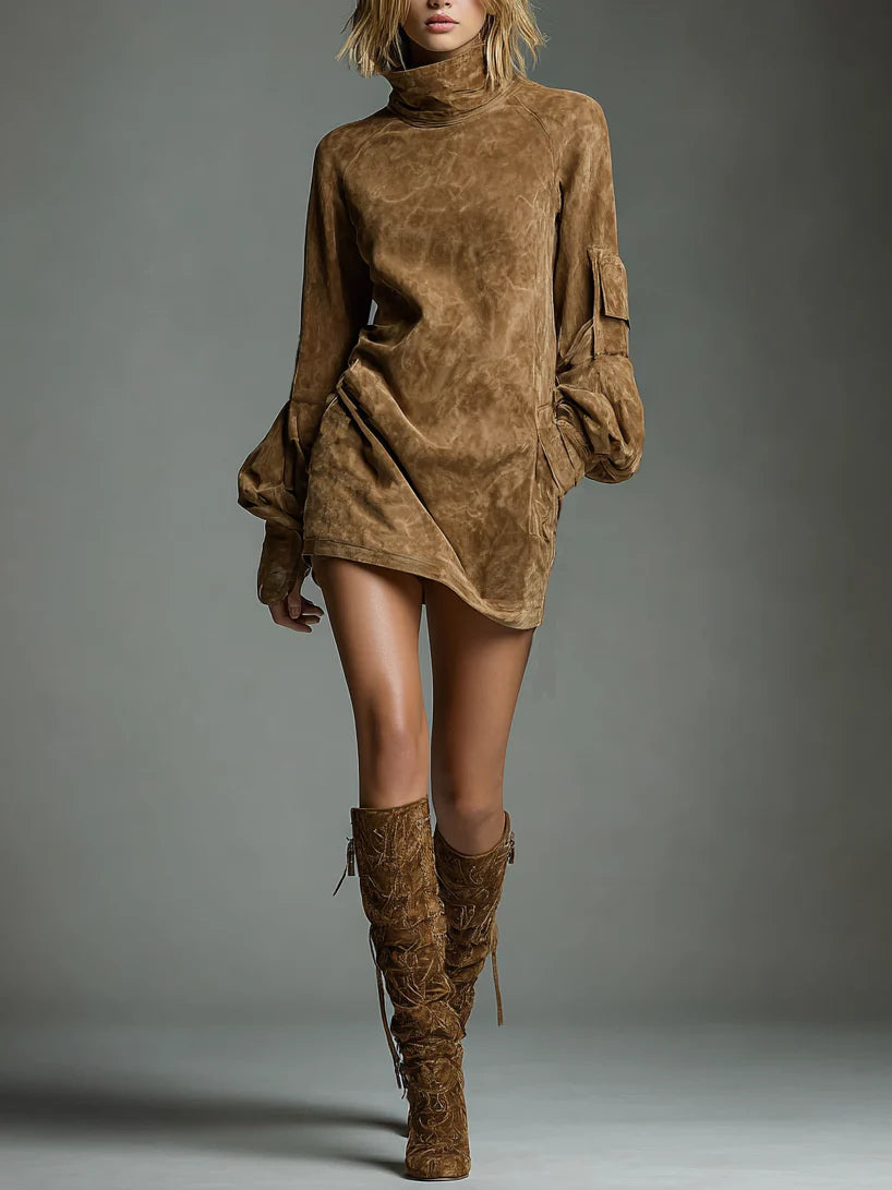 Flowering Girl Women Loose turtleneck mini dress made of suede