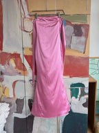 Pink Satin Halter Ruched Midi Dress with Back Bow