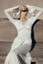 Flowering Girl Women Pamela V-Neck Lace See-Through Maxi Dress In White