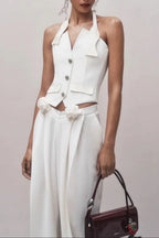 Flowering Girl Women Halter Neck Vest Flower Embellished Pants Suit In Ivory