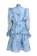 janice blue Print Ruffle Lace-Up Mini Dress