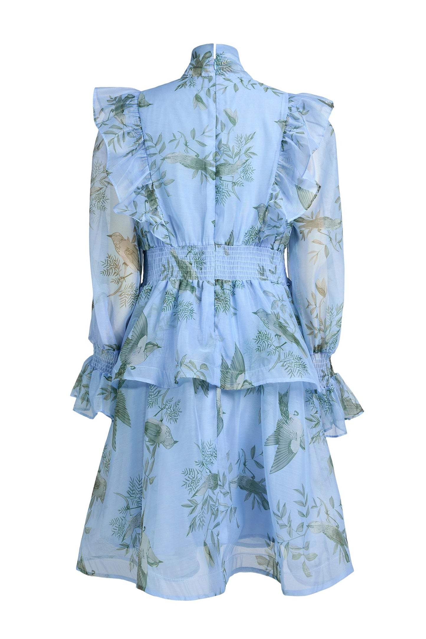 janice blue Print Ruffle Lace-Up Mini Dress