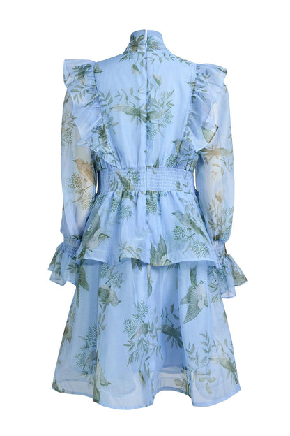 janice blue Print Ruffle Lace-Up Mini Dress