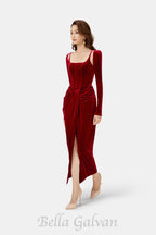 Flowering Girl Women Bordeaux Velvet Draped midi Dress