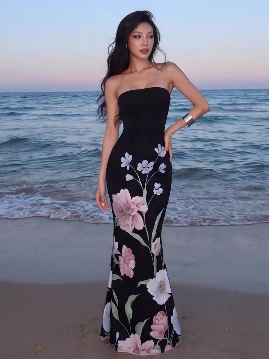Flowering Girl Women Black Floral Print Strapless Mermaid Maxi Dress