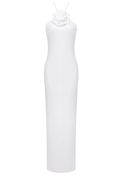 anila Glitter Rosette Halter Sequined Maxi Dress In White