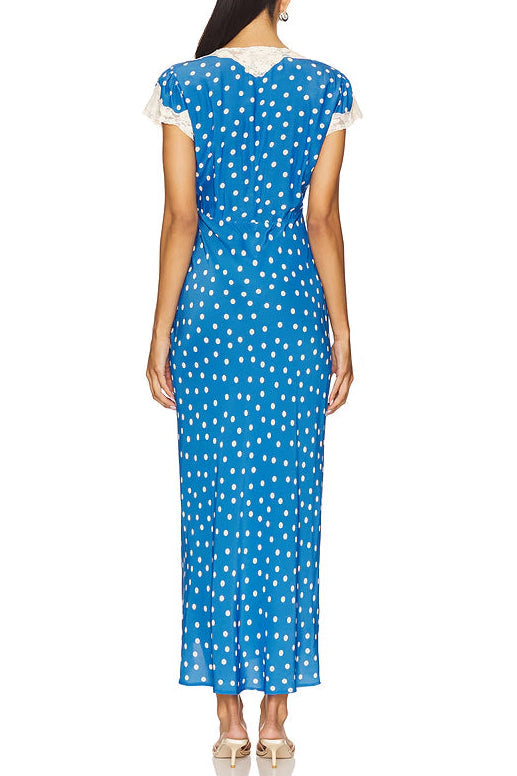 Lyuba Polka Dot Lace-Trimmed V-Neck Maxi Dress In Blue