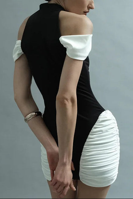 Flowering Girl Women Black-White Panel Sleeveless Gathered Halter Mini Dress