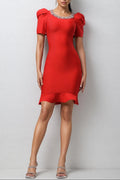 Oanna Red Short Sleeve Rhinestone Bandage Mini Dress