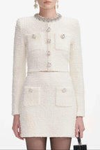 Flowering Girl Women Alisa Diamond-Embellished Tweed Cardigan Skirt Set In White