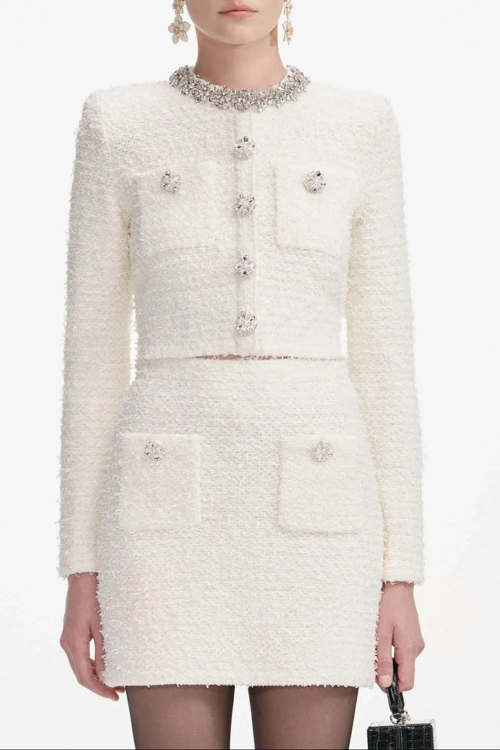 Flowering Girl Women Alisa Diamond-Embellished Tweed Cardigan Skirt Set In White