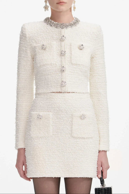 Alisa Diamond-Embellished Tweed Cardigan Skirt Set In White
