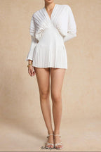 Flowering Girl Women Pleated Bell Sleeve V-Neck Mini Dress in white