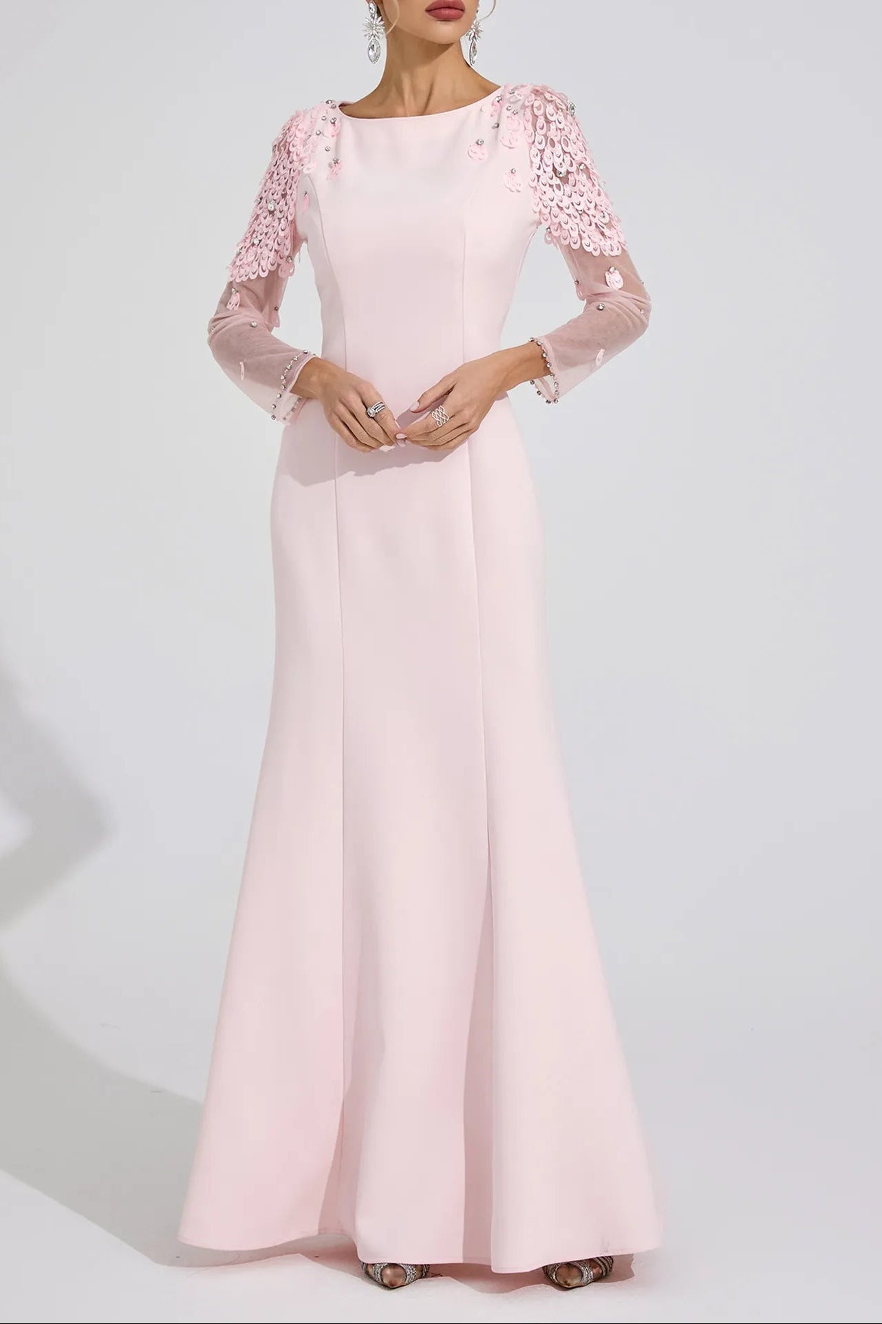 Victoria Pink Sequin Mesh Sleeve Maxi Dress