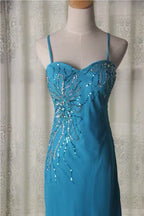 Blue Spaghetti Strap Beaded Chiffon Long Evening Dress