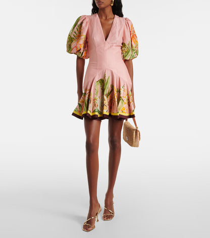 v-neck puff sleeve cotton linen printed mini dress - pink