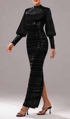Flowering Girl Women Sequin Long Sleeve Maxi Dress In Black