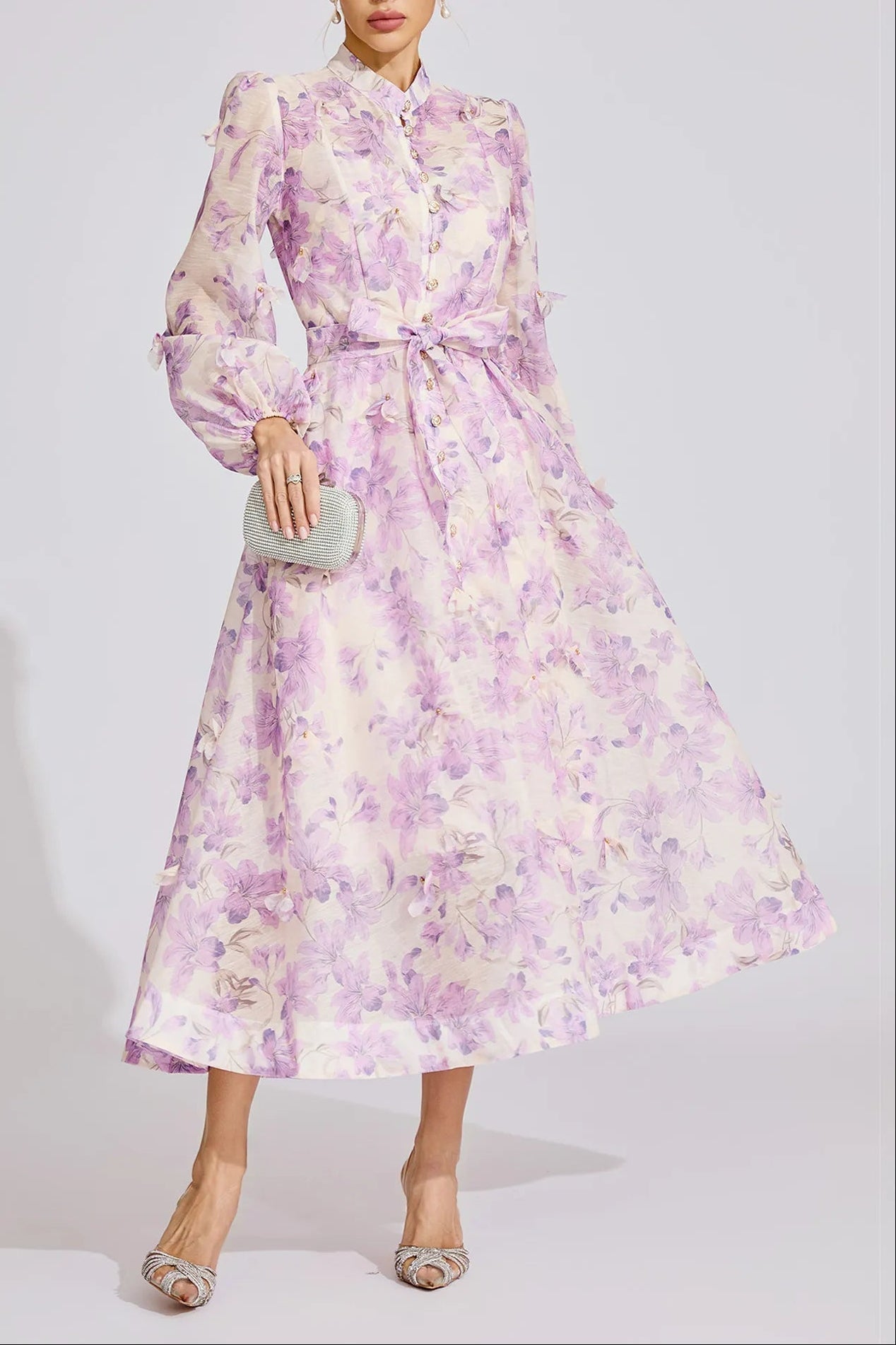 simona Floral print lantern sleeve Maxi Dress in purple