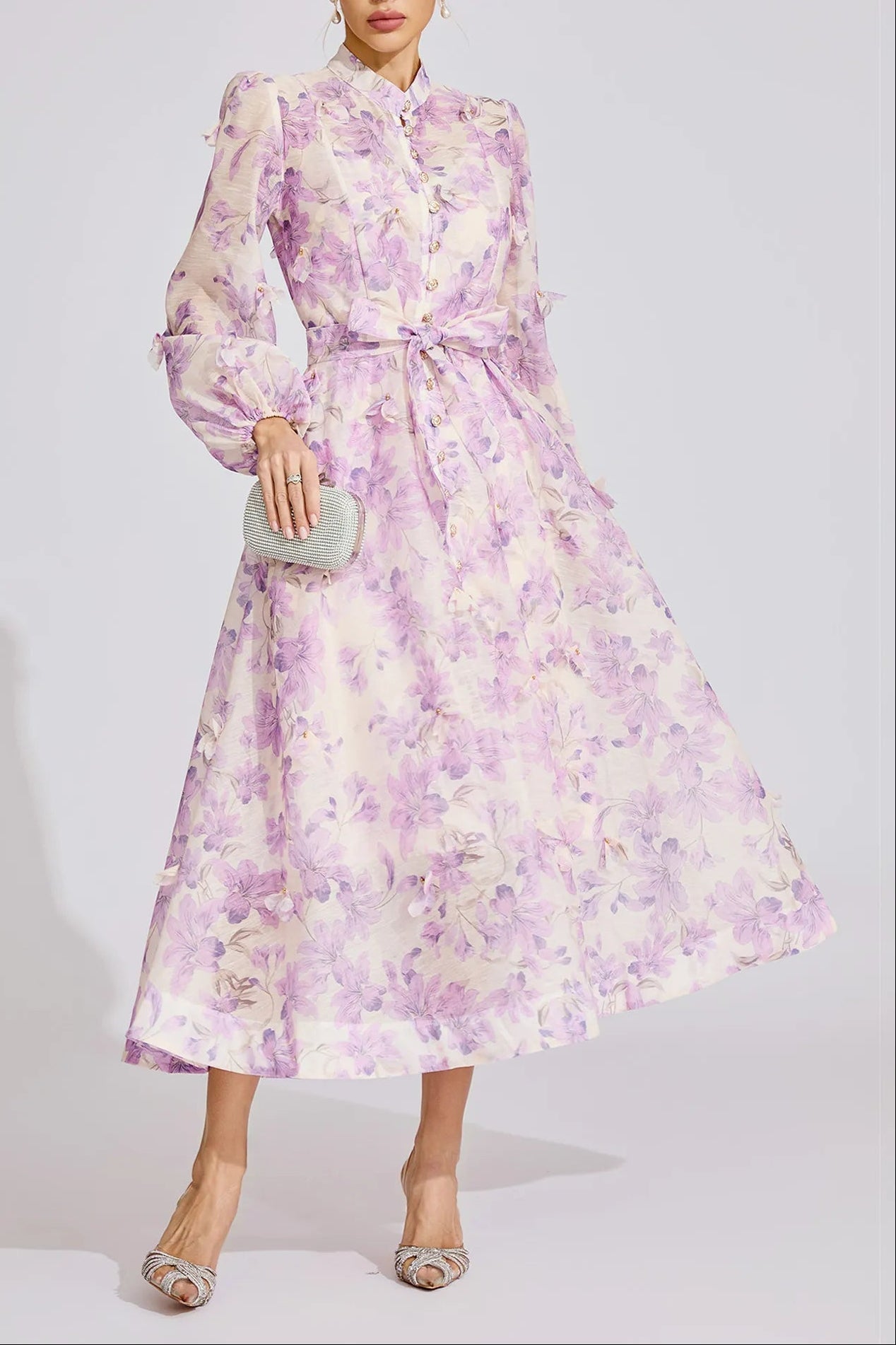 Simona Floral Print Lantern Sleeve Maxi Dress In Purple