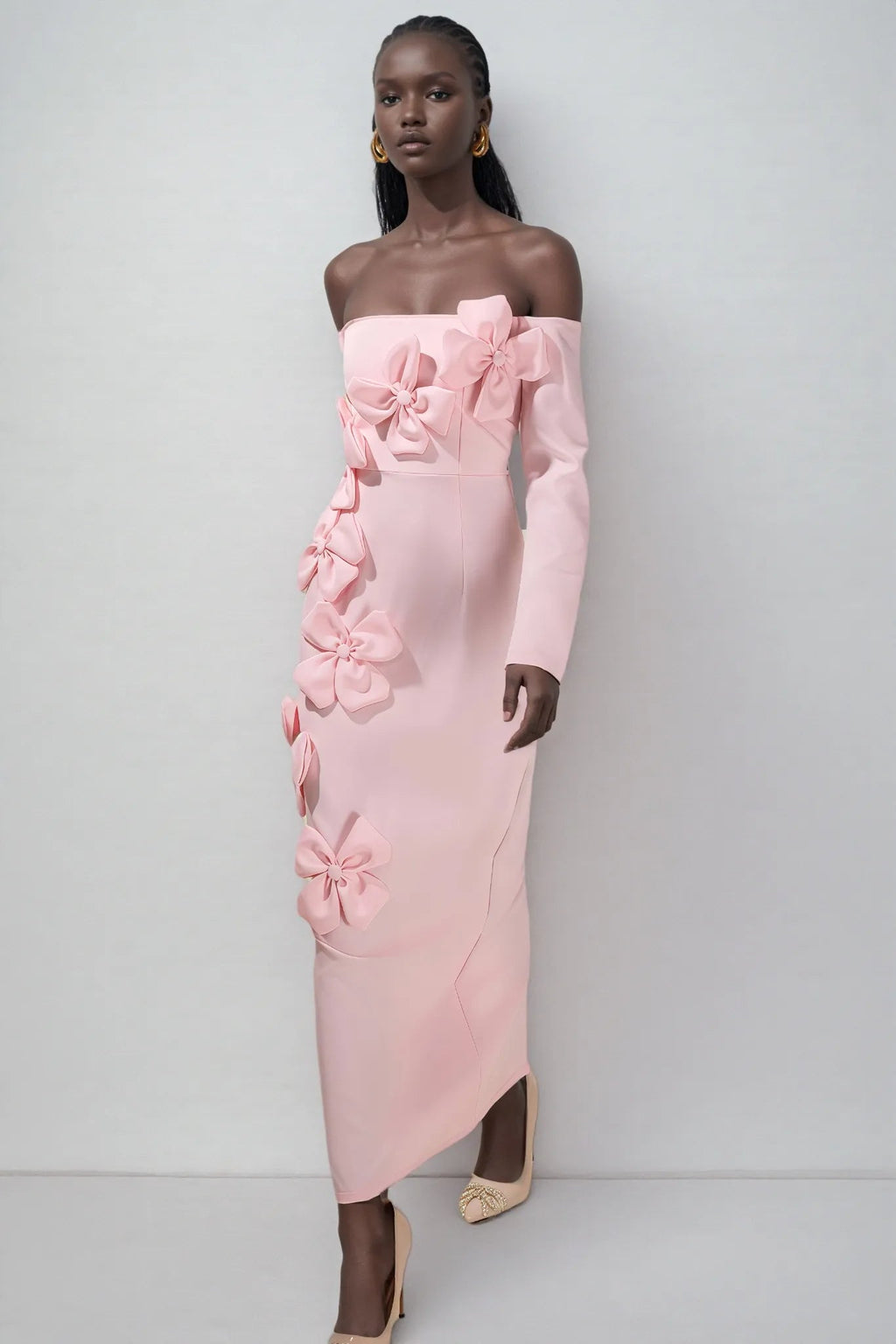 Flowering Girl Women Hilary Pink 3D Flower Long Sleeve Strapless Midi Dress