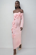 Flowering Girl Women Hilary Pink 3D Flower Long Sleeve Strapless Midi Dress