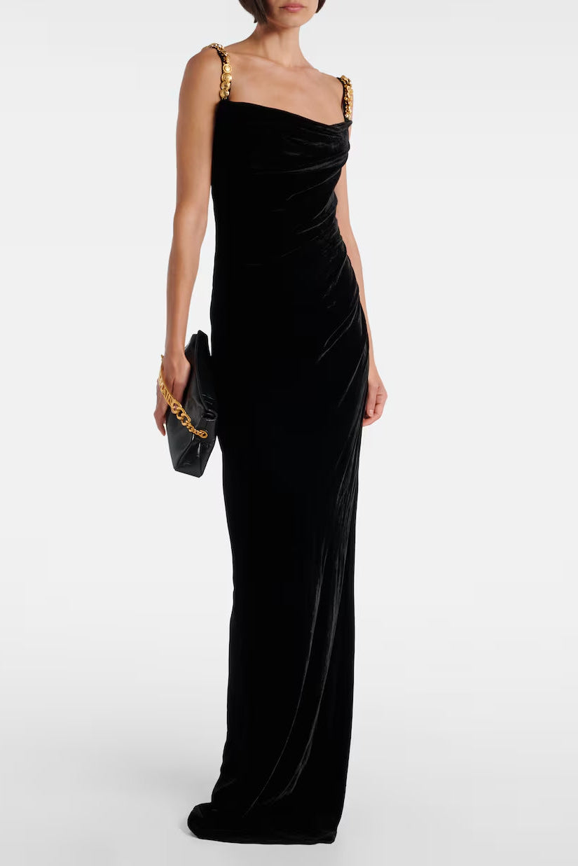 Flowering Girl Women Mag Black Metal Chain Strap Square Neck Velvet Maxi Dress