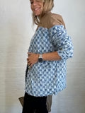 Flowering Girl Women two-tone Denim Checks Blazer in kahki