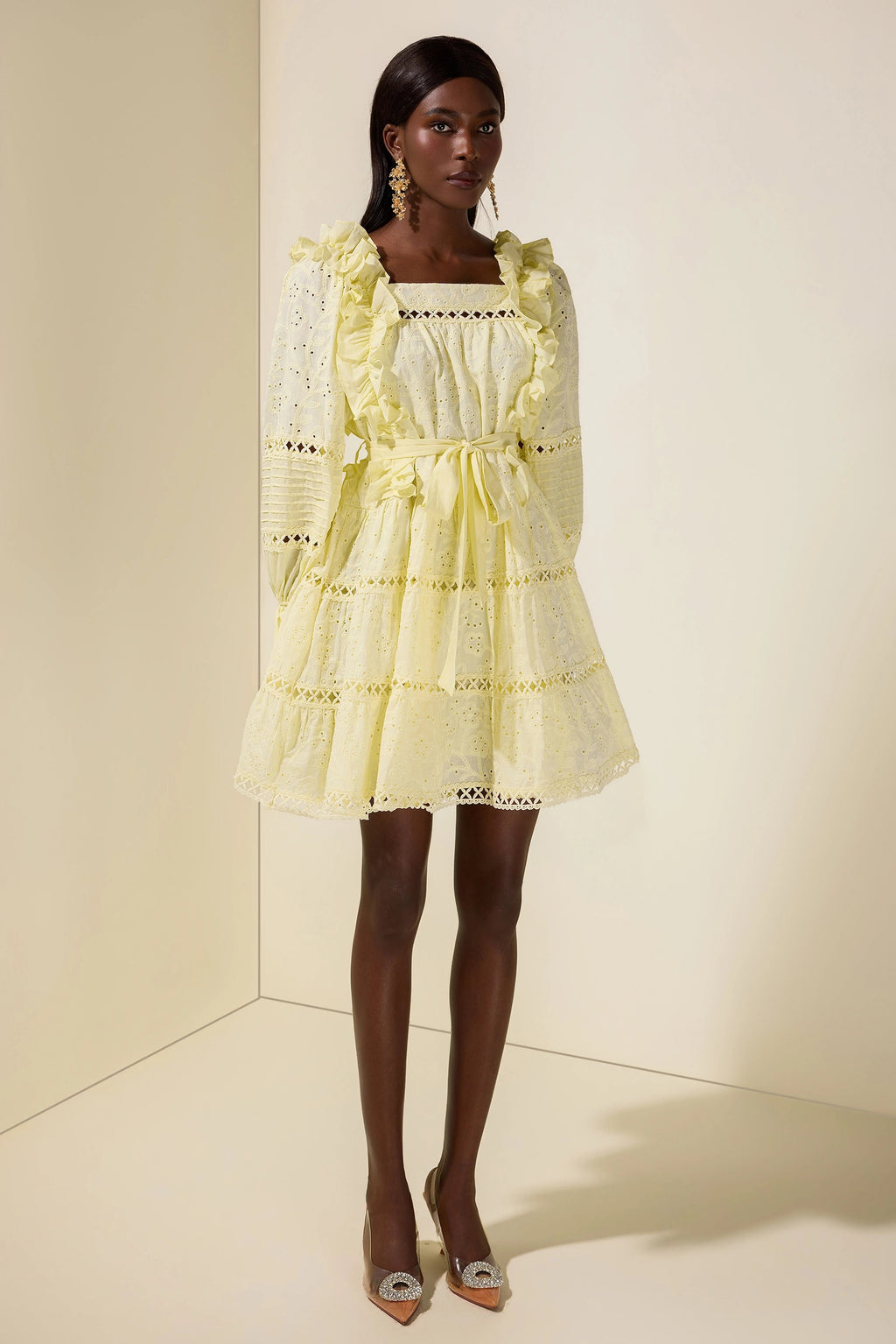 Flowering Girl Women victoria Embroidered hollow Ruffle Mini Dress - yellow