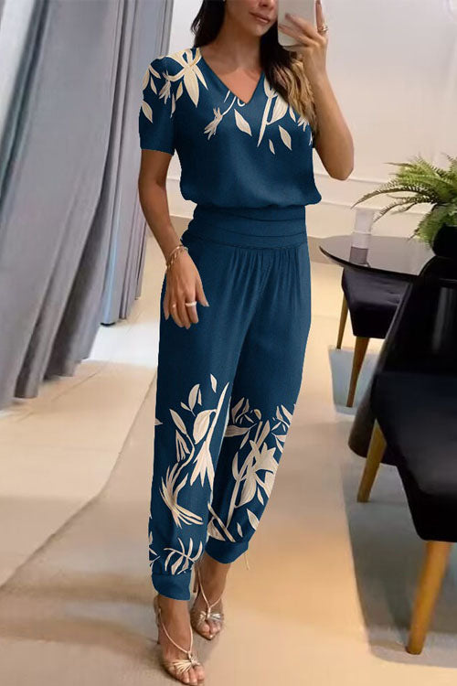 Flowering Girl Women Casual V-Neck Printed Short Sleeve Long Pants Two-Piece Set