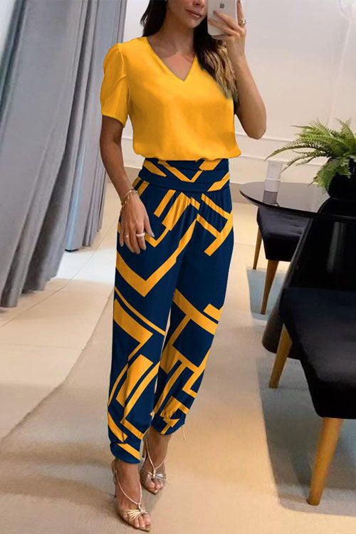 Flowering Girl Women Casual V-Neck Printed Short Sleeve Long Pants Two-Piece Set