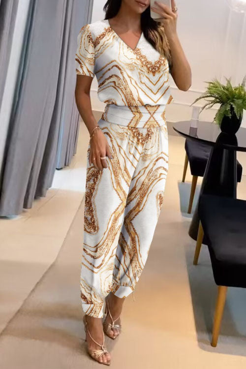 Flowering Girl Women Casual V-Neck Printed Short Sleeve Long Pants Two-Piece Set