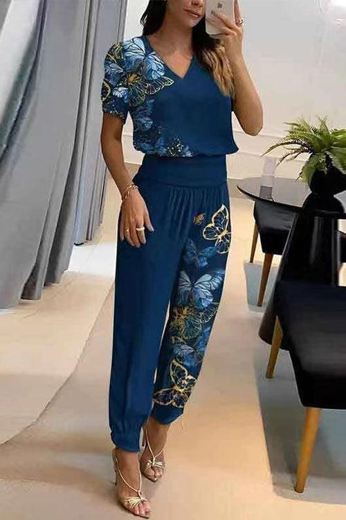 Flowering Girl Women Casual V-Neck Printed Short Sleeve Long Pants Two-Piece Set