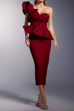 Luysa One Shoulder Asymmetry Red Midi Set