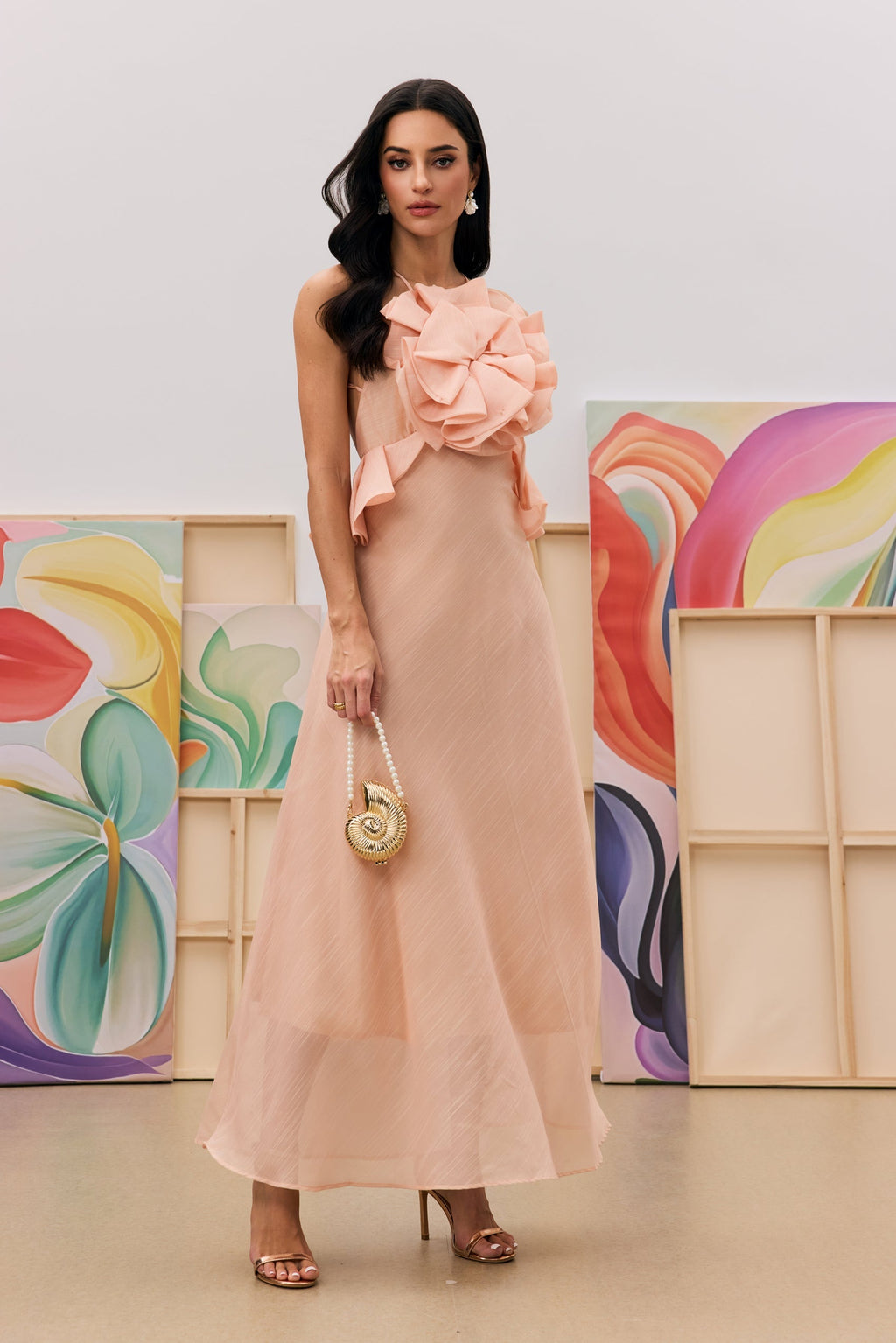 Flowering Girl Women aurora Halter Neck Ruffle Maxi Dress in pink