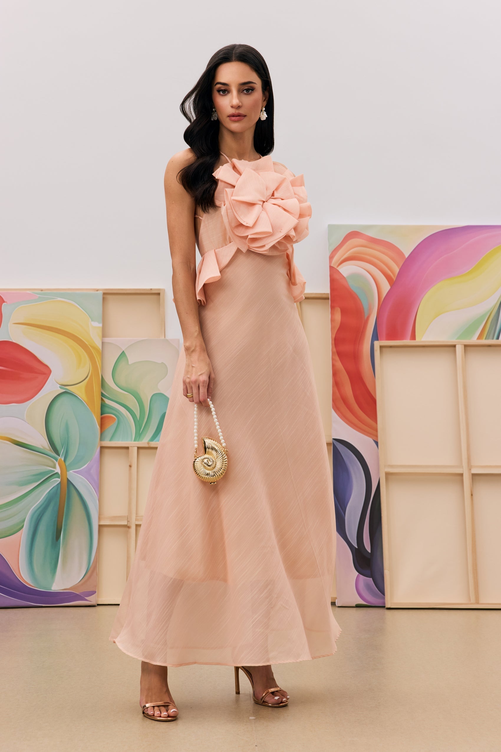 Flowering Girl Women aurora Halter Neck Ruffle Maxi Dress in pink