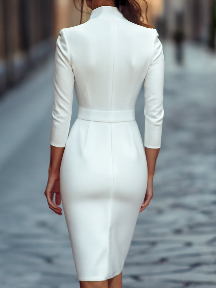 Refined Black Belted Sheath Dress With Mandarin Collar