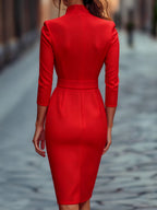 Refined Black Belted Sheath Dress With Mandarin Collar