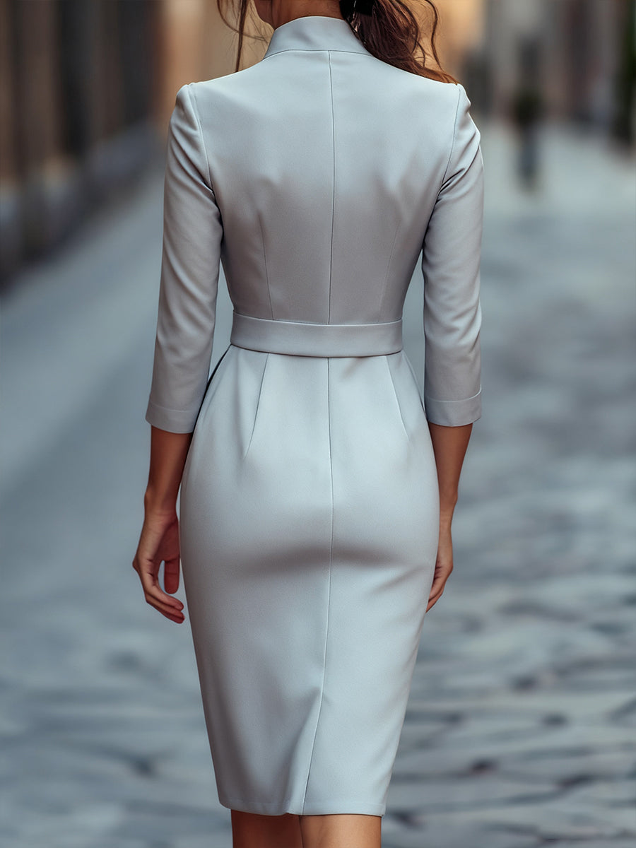Refined Black Belted Sheath Dress With Mandarin Collar