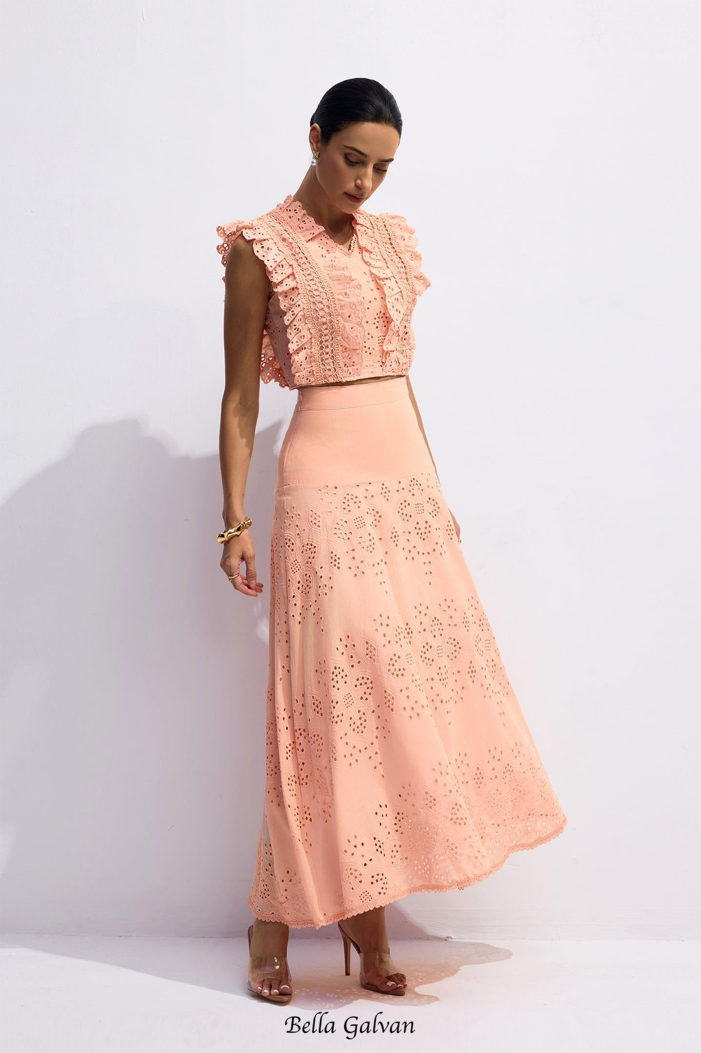 bonnie V-neck Embroidery Crop Top & Skirt Set in orange