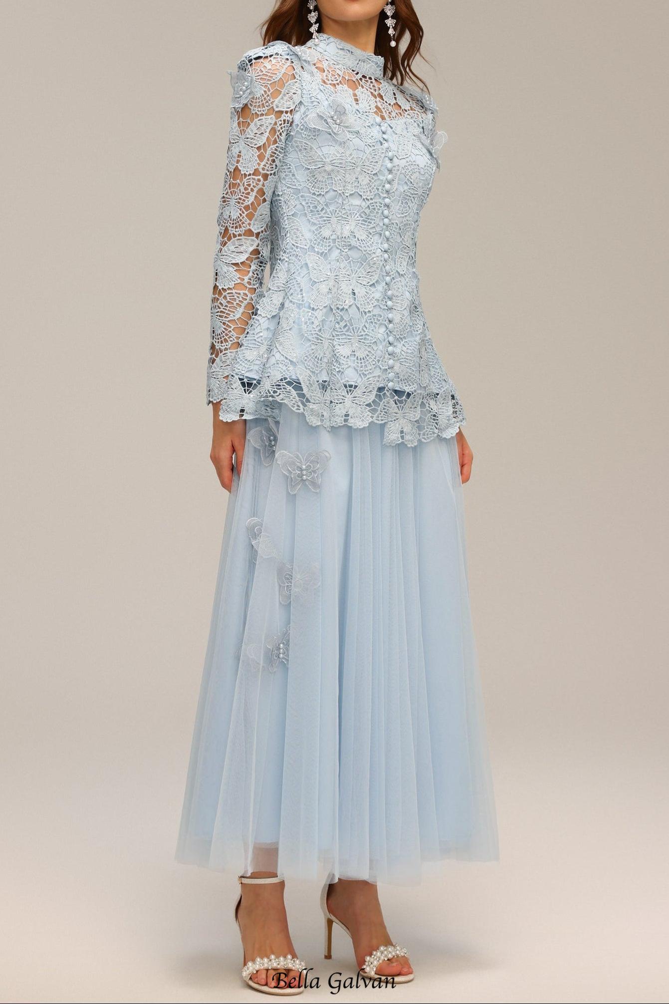 yvette blue Long Sleeve Folds Lace Butterfly Top And Skirt Two-Piece Set