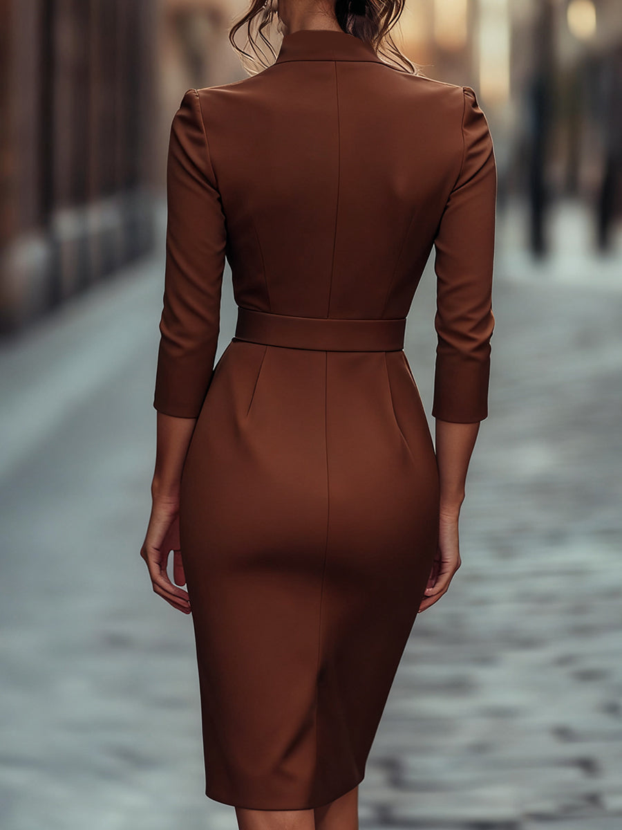 Refined Black Belted Sheath Dress With Mandarin Collar