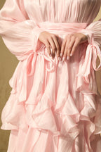 pandora Puff Sleeve Ruffle Trim Maxi Dress in pink